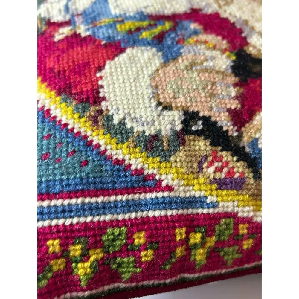 Vintage Santa Claus & Children Red Velvet Colorful Needlepoint Christmas Pillow